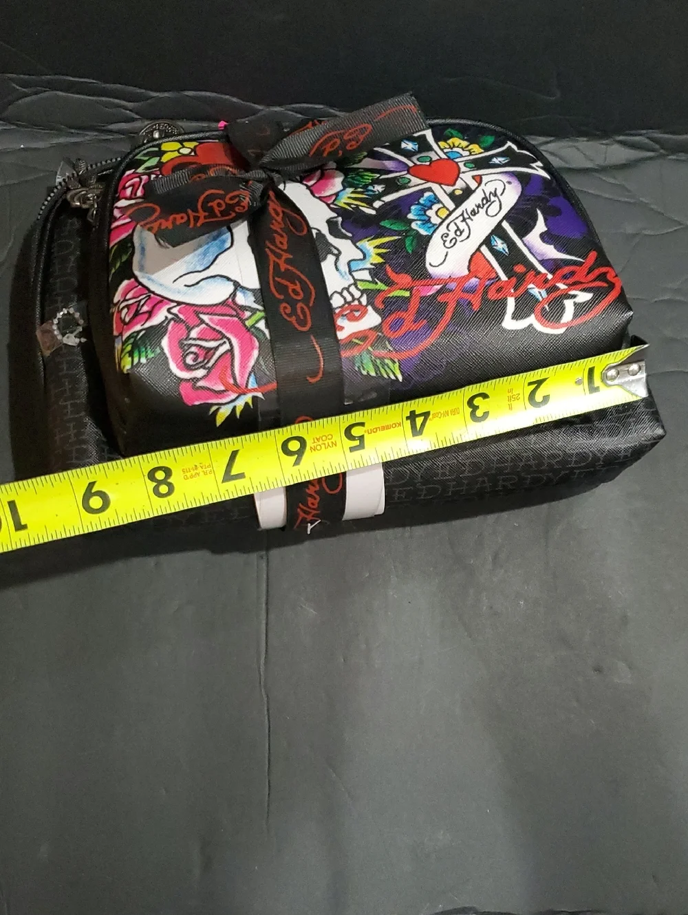 Ed Hardy black print 2piece cosmetic makeup bag pouch with skull & rose zip pull